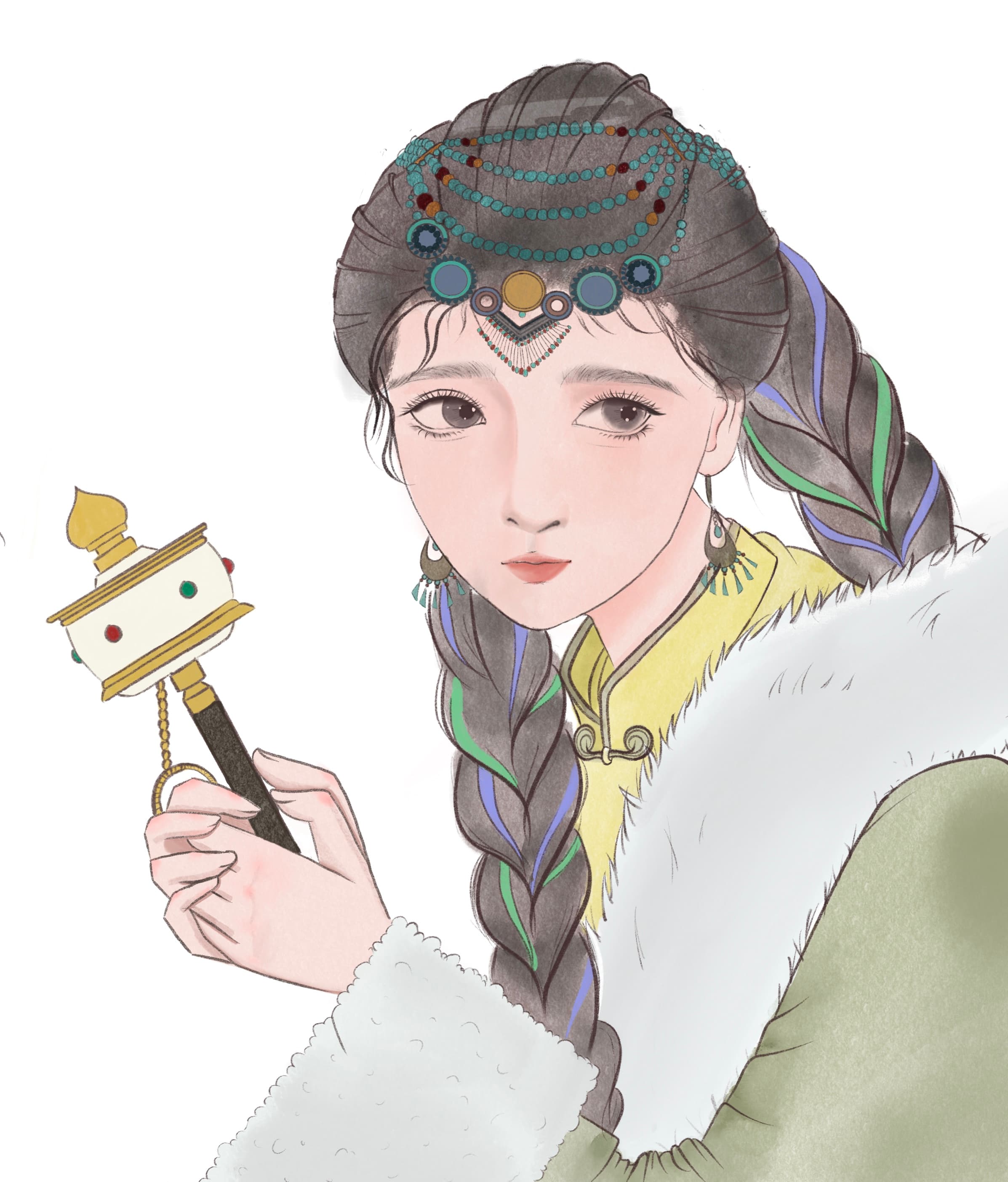 Tibetan Lady with Prayer Wheel